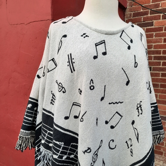 Vintage 90's Tapestry Blanket Throw Coat Poncho Cape Music Notes Fringe Novelty - Picture 2 of 13